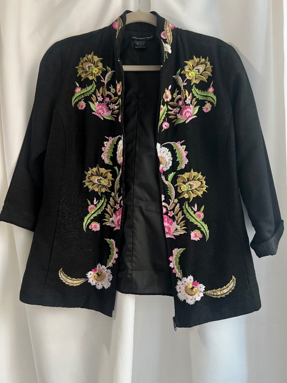 Saint Tropez West Black Silk Blend Embroidered Floral Zip Jacket S